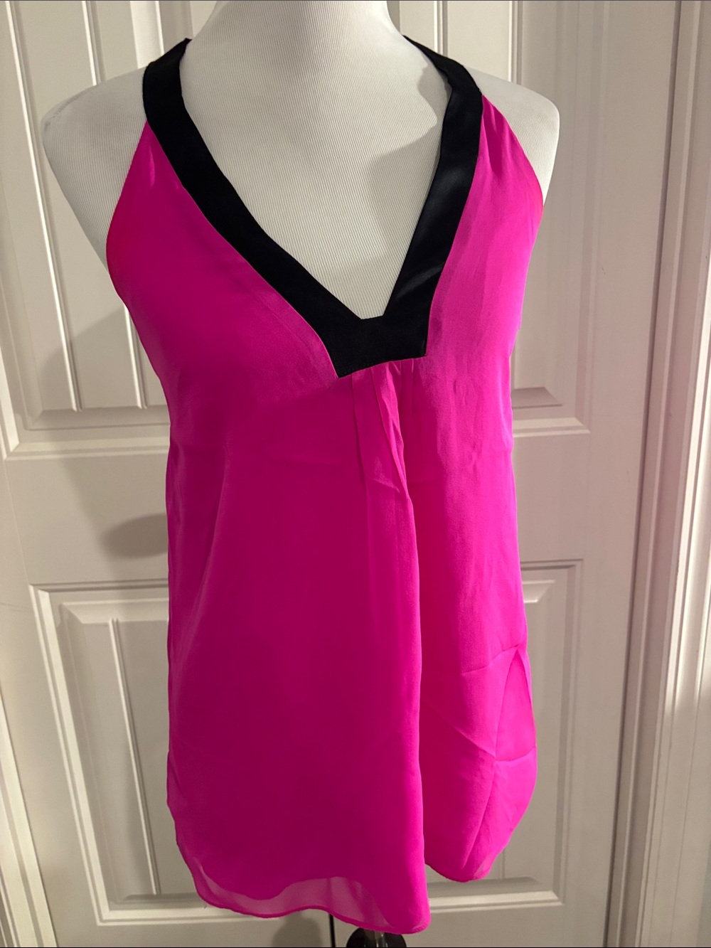 Alice & Trixie Hot Pink 100% silk V-Neck Camisole with Black Trim